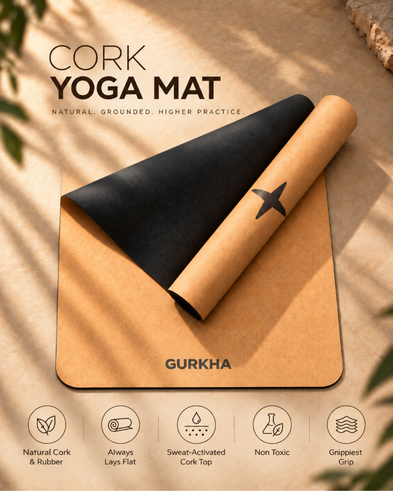 A cork yoga mat shown partially unrolled on a beige textured surface with leaf shadows. The top layer is natural tan cork, and the underside is black.