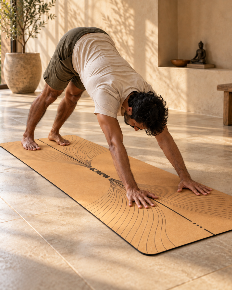 A man in a beige t-shirt and shorts performs a downward dog yoga pose on a tan yoga mat with black curved line patterns in a sunlit, modern indoor space.