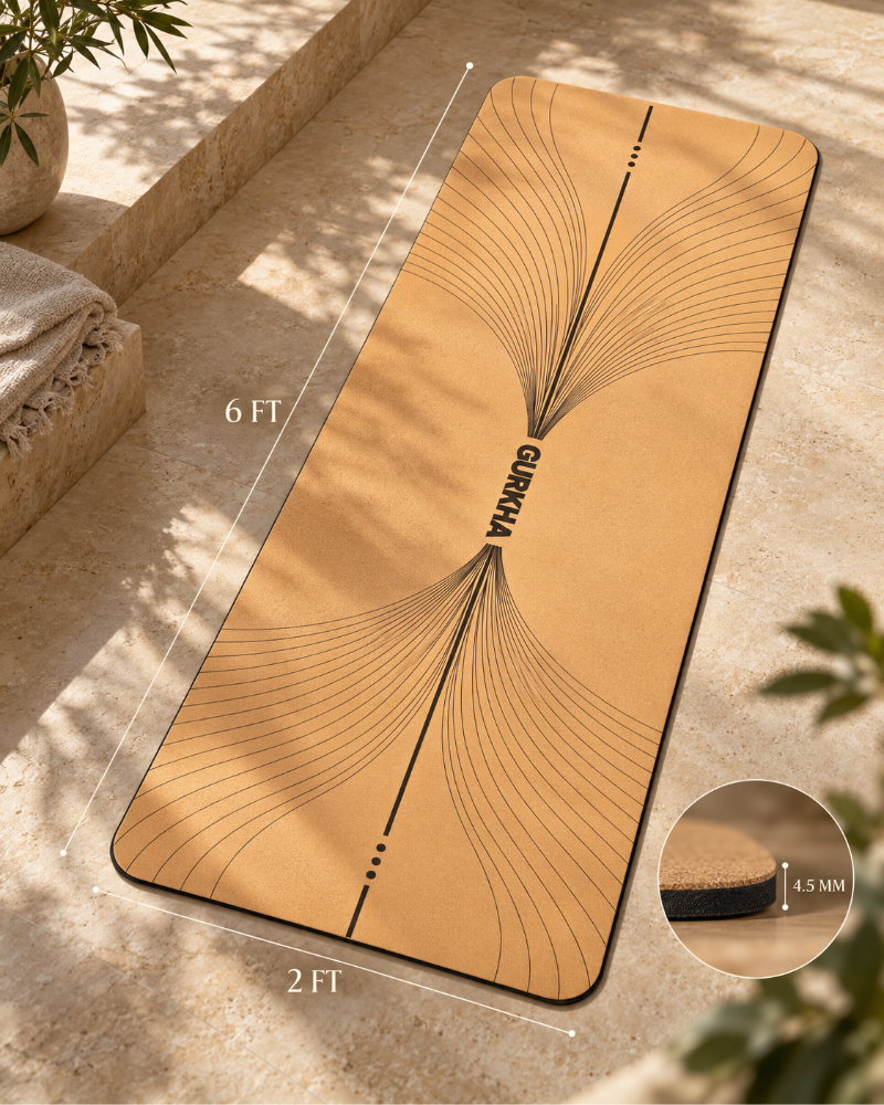 A tan yoga mat with black line art and the brand name 'GURKHA' printed down the center, shown on a stone patio with dimension labels reading 6 FT by 2 FT and a circular inset showing the 4.5 mm thickness.