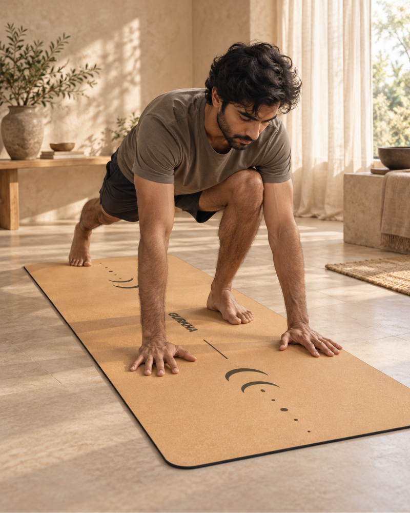 A man in a gray t-shirt and black shorts performs a yoga pose on a tan yoga mat with black printed designs in a bright, modern room with beige stone floors.