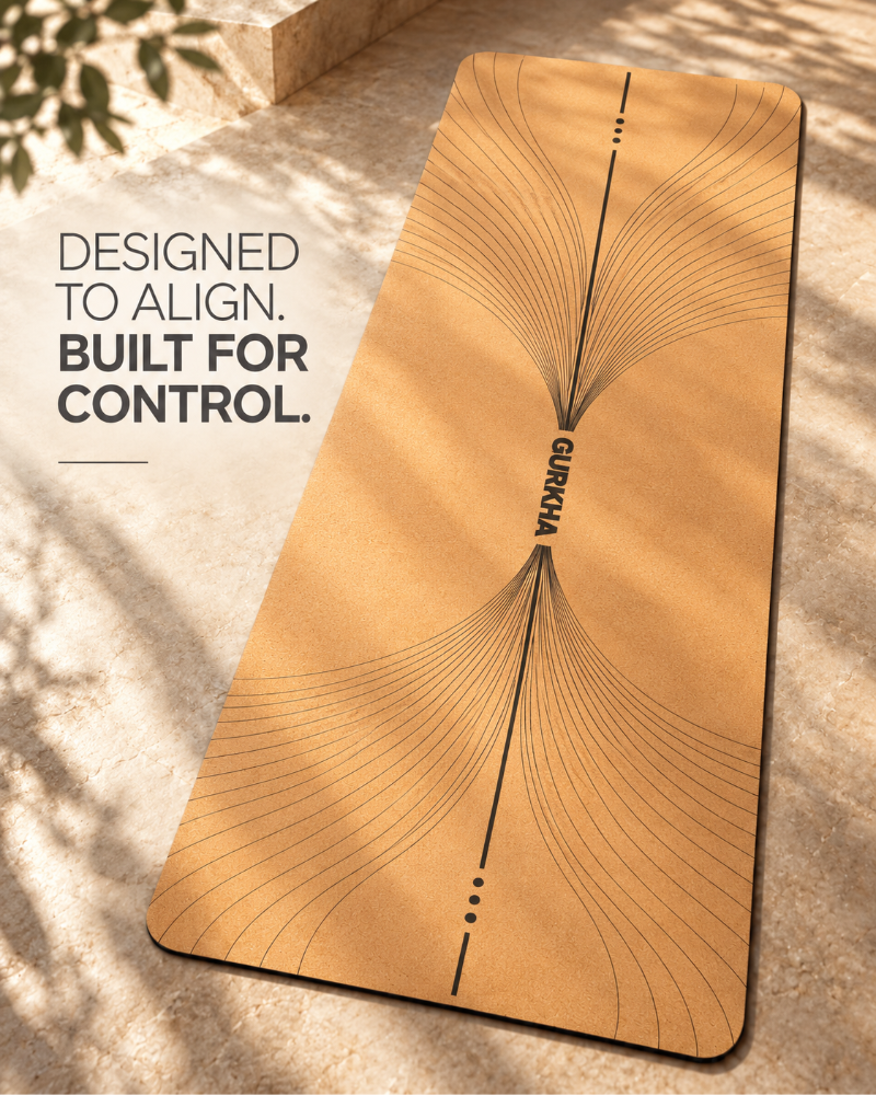 A tan yoga mat with black line art and the brand name 'GURKHA' printed down the center, laid diagonally on a sunlit stone surface with shadow overlays. Text on the left reads, 'DESIGNED TO ALIGN.