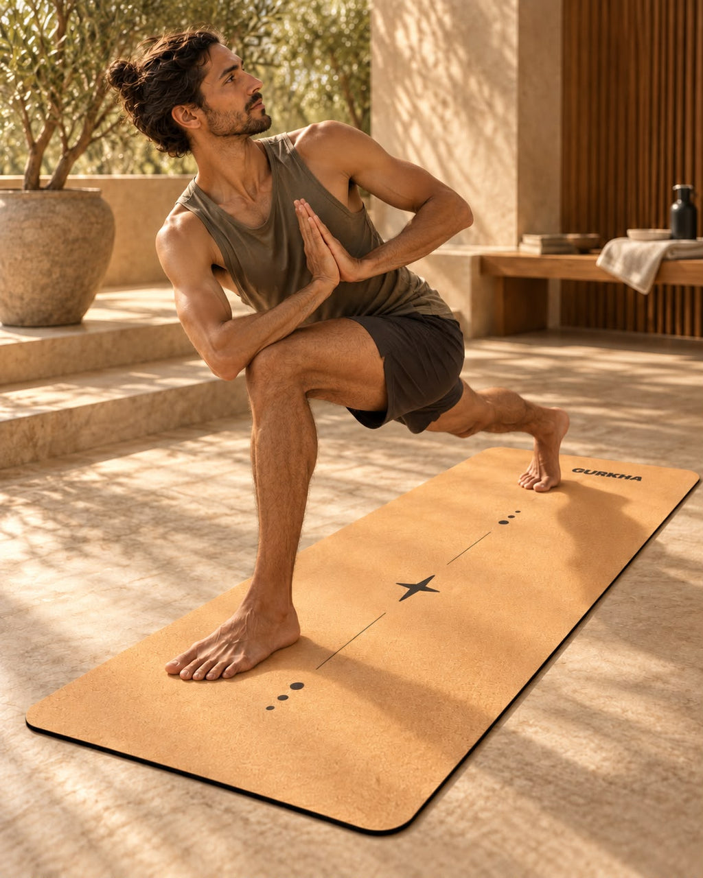 Person stretching on a GURKHA cork yoga mat