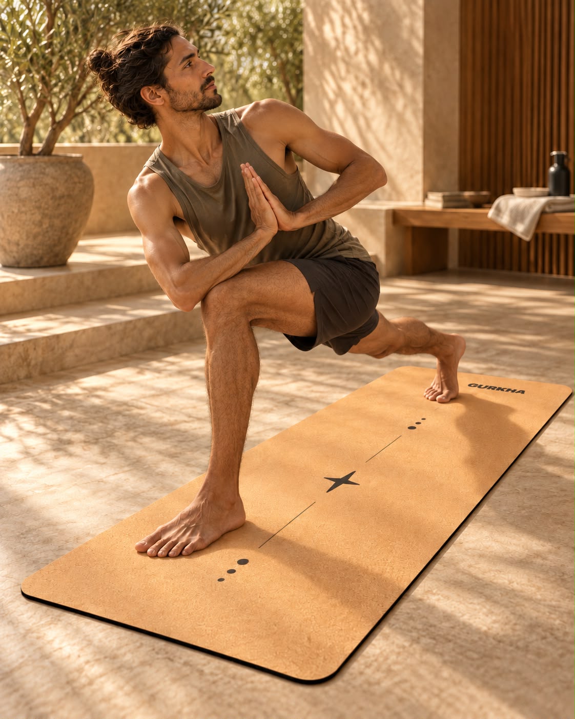 Person stretching on a GURKHA cork yoga mat